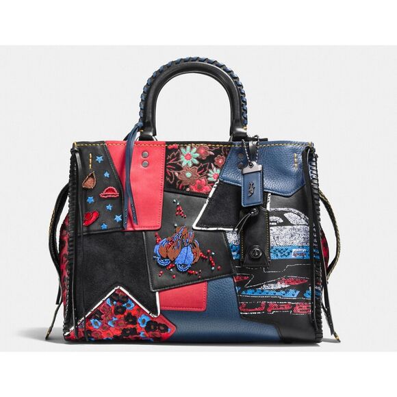 Coach 1941 Rogue 30 Embellished Patchwork Whipstitch Mixed Leather Bag Red Multi - Picture 12 of 12